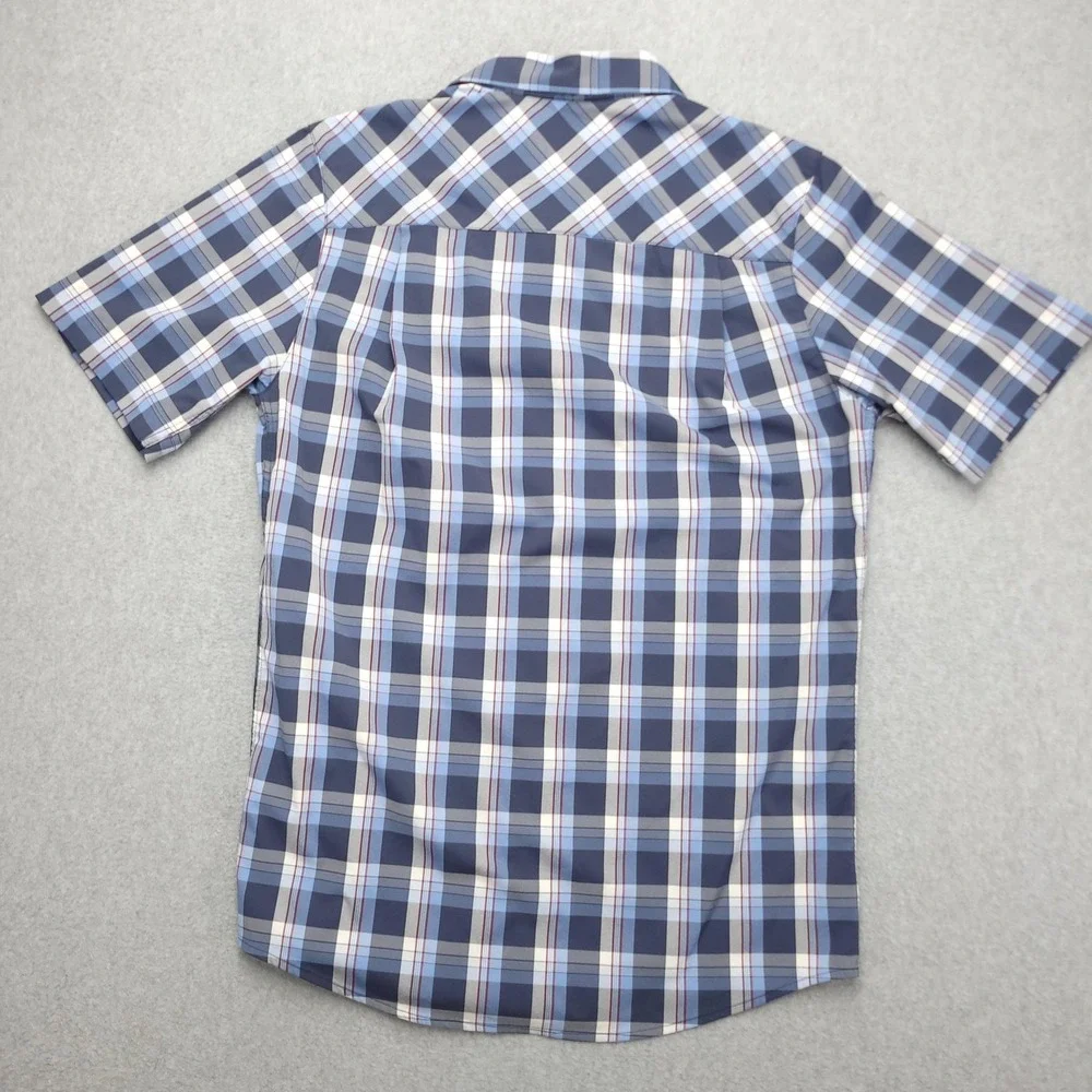 Travis Mathew Shirt Mens S Blue Plaid Short Sleeve Button Up Stretch Casual